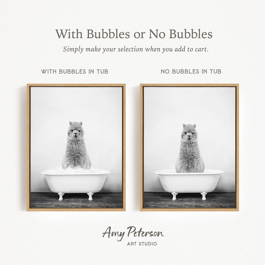 The image is a black and white photograph of a cat sitting in a bathtub, with the cat's head in the water. The image is framed and appears to be a collage of two separate images.