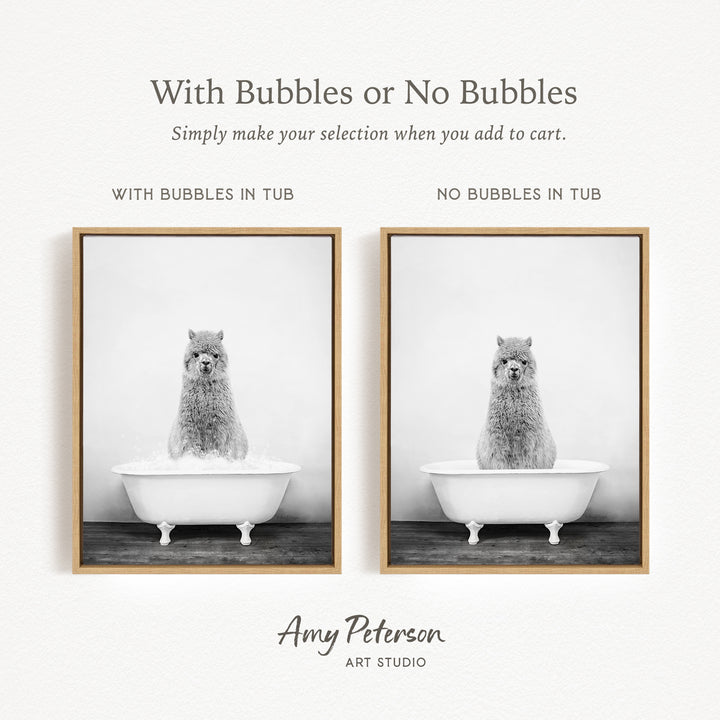 The image is a black and white photograph of a cat sitting in a bathtub, with the cat's head in the water. The image is framed and appears to be a collage of two separate images.