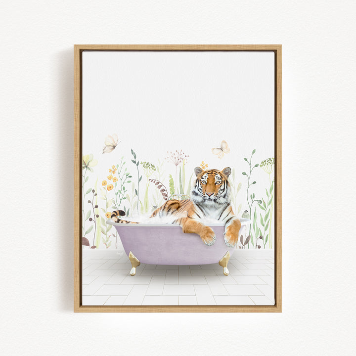 A tiger is sitting in a bathtub filled with water, surrounded by flowers and butterflies.