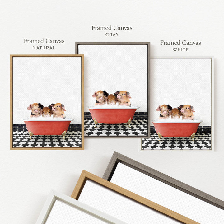 three framed pictures of small animals, likely dogs, sitting in a bathtub. The pictures are labeled as " Framed Canvas" in different colors: "Natural", "Grays", and "White".