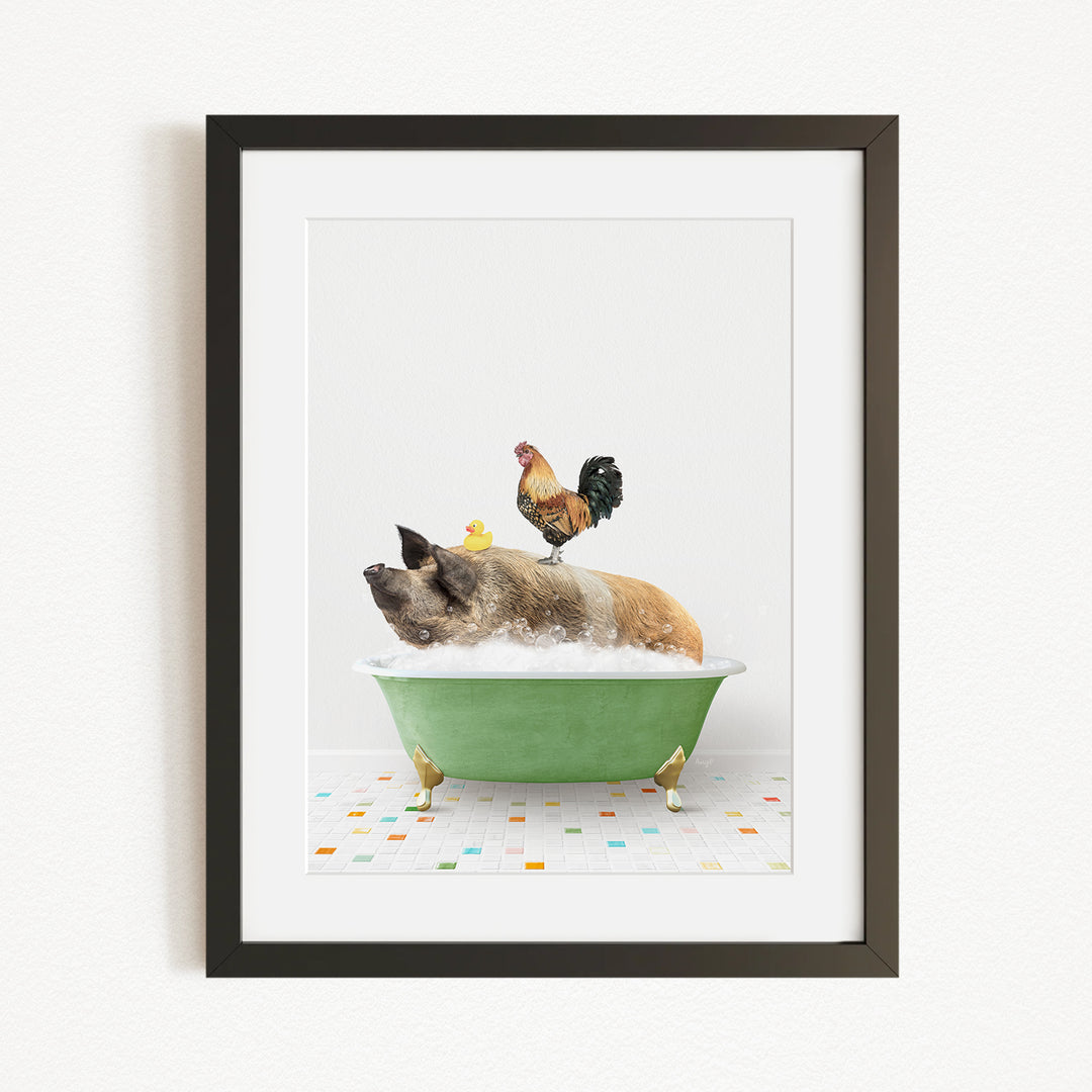 A framed image depicting a pig sitting in a green bathtub, with a rooster perched on its back, and a yellow duck sitting on its head.