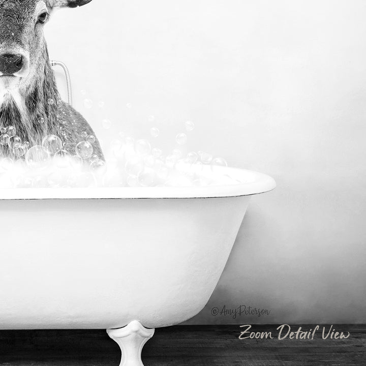 A deer standing in a bathtub filled with bubbles, creating a whimsical and playful scene.
