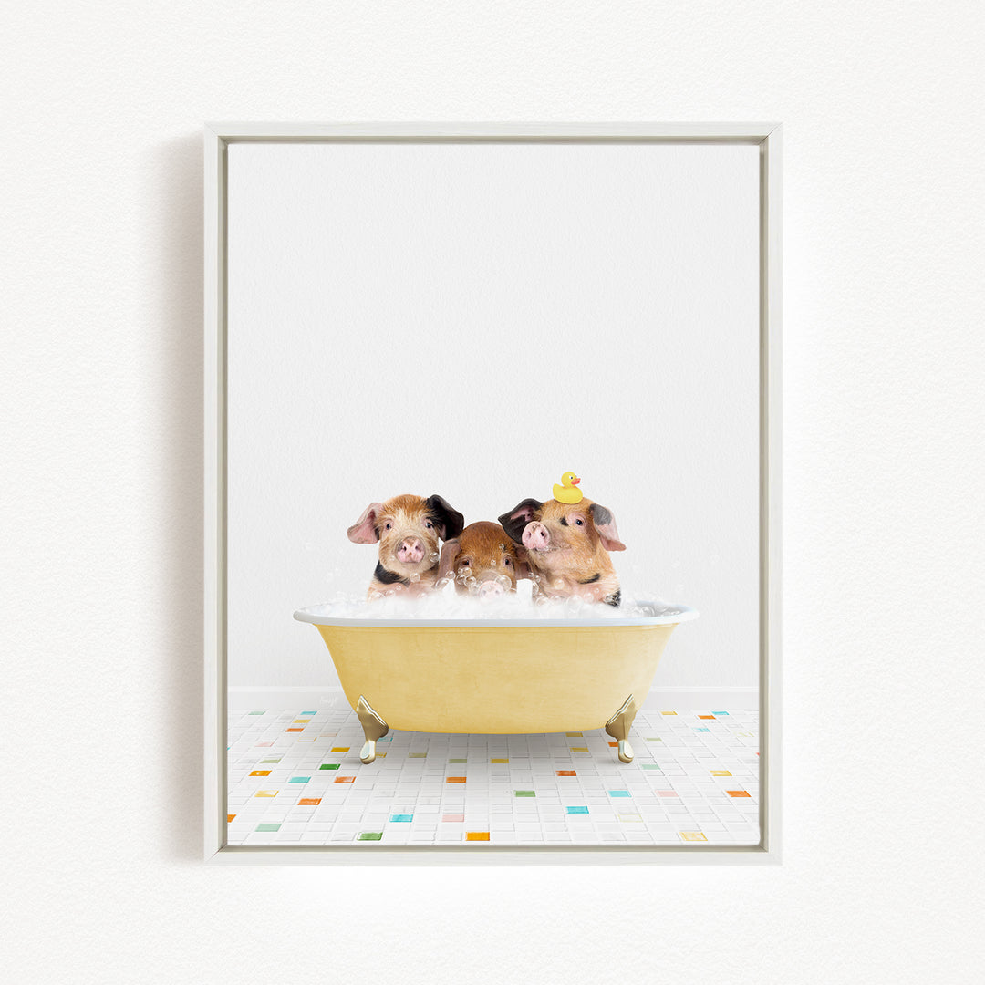 Three adorable pigs sitting in a yellow bathtub, with one of them wearing a yellow hat.