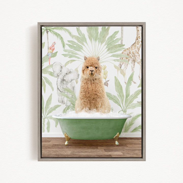 A fluffy brown dog is sitting in a green bathtub, surrounded by tropical plants and animals, including a parrot and a giraffe.