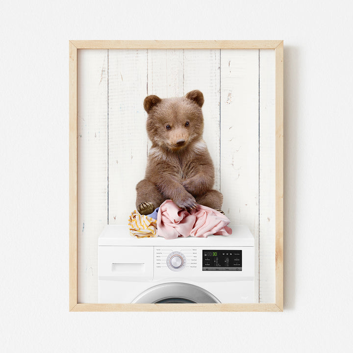 a brown bear sitting on top of a washing machine