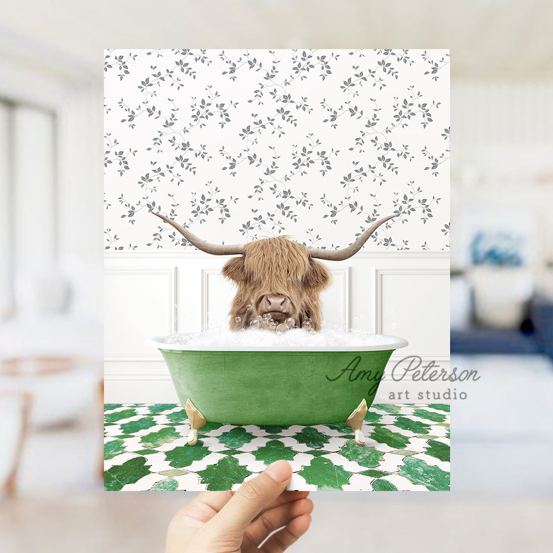 a person holding up a card with a picture of a cow in a bathtub