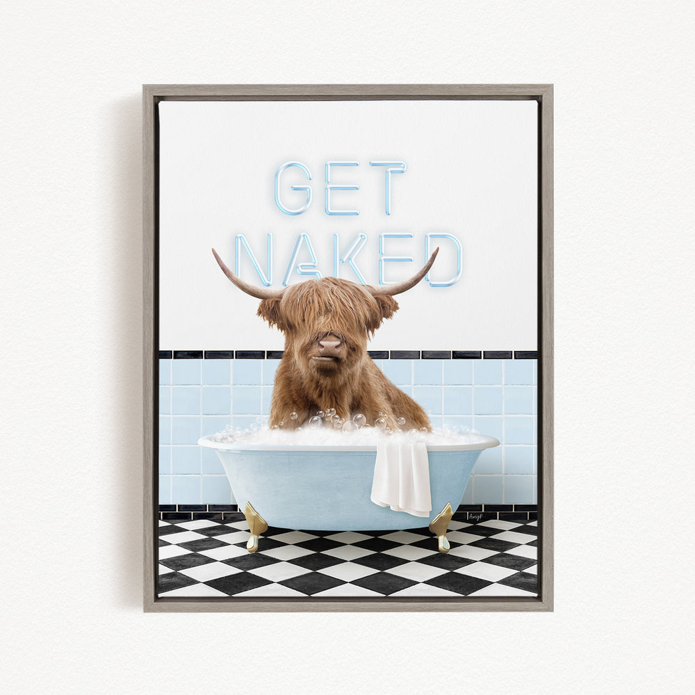 A brown cow with horns is sitting in a bathtub filled with bubbles, with the words "GET NAKED" written on the wall behind it.