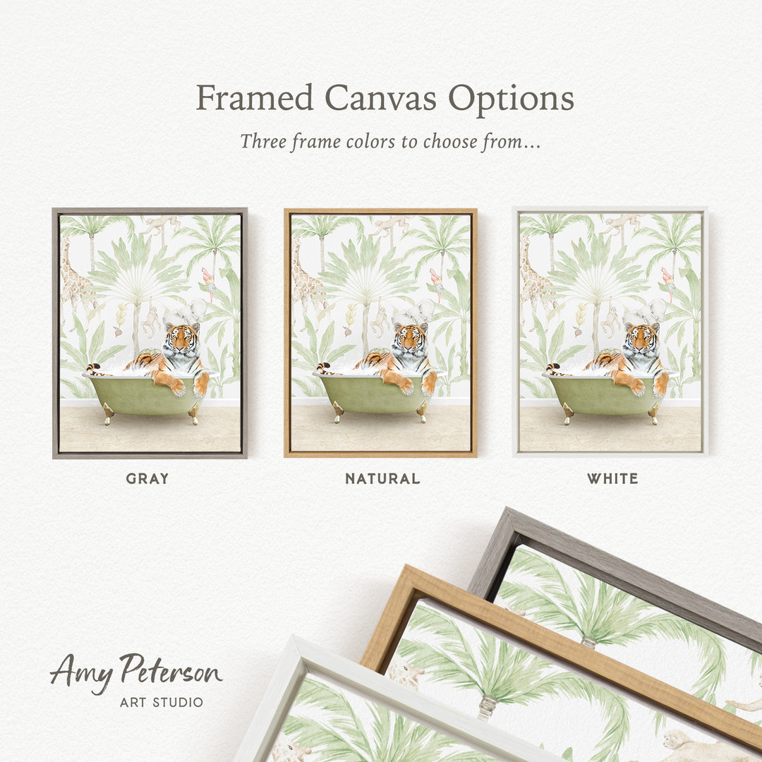 three framed canvas options featuring a tiger sitting in a bathtub, surrounded by tropical foliage. The options include a gray frame, a natural frame, and a white frame.