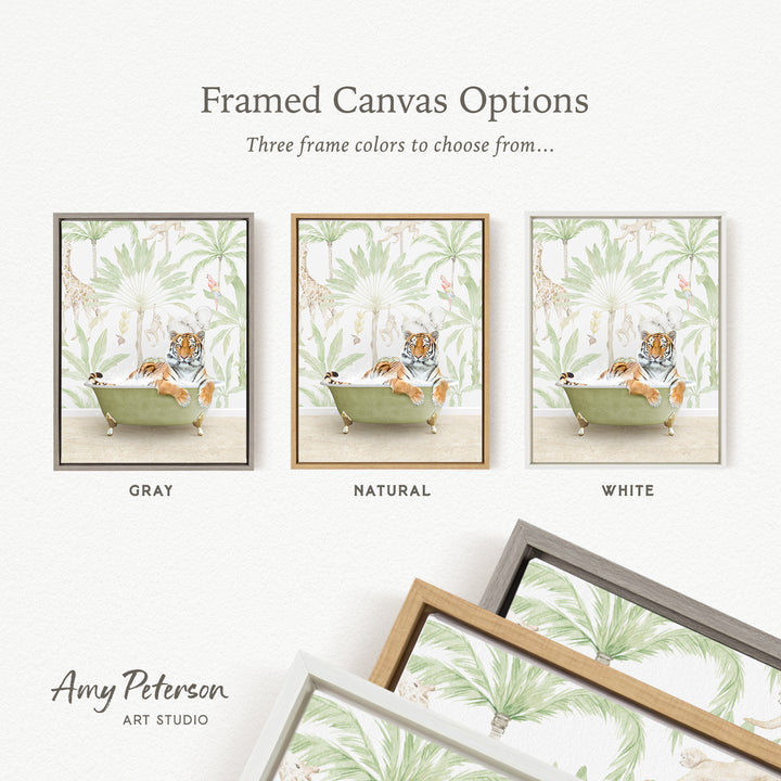 three framed canvas options featuring a tiger sitting in a bathtub, surrounded by tropical foliage. The options include a gray frame, a natural frame, and a white frame.