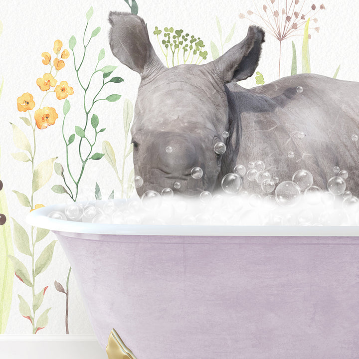 a rhino in a bathtub with flowers on the wall