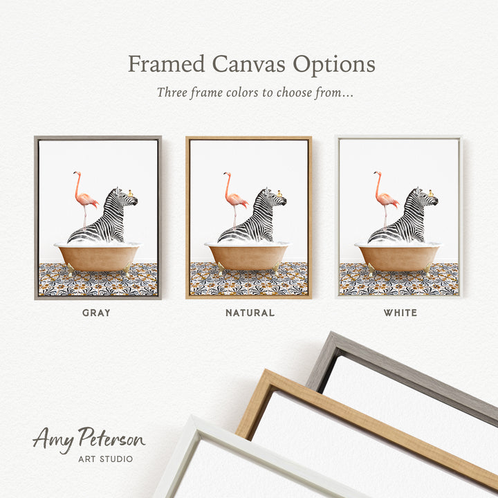 three framed canvas options, each featuring a different color: gray, natural, and white. The text above the images reads " framed Canvas Options" and "Three frame colors to choose from...". The text below the images reads "Grays", "NATURAL", and "WHITE". The artist's name, Amy Peterson, is also mentioned at the bottom of the image.