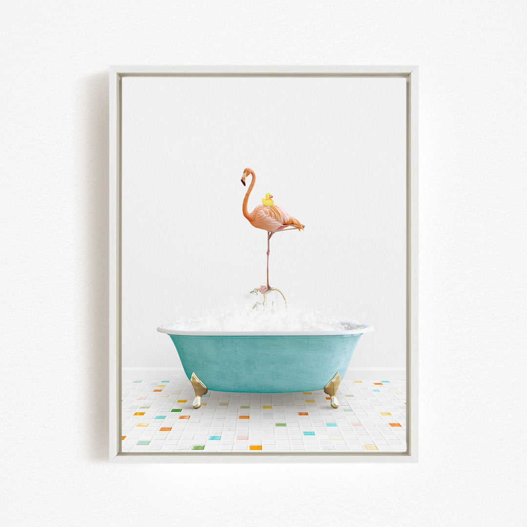 A pink flamingo stands on a blue bathtub filled with bubbles, surrounded by a colorful tiled floor.