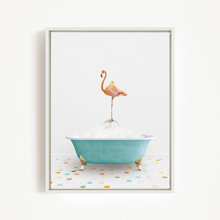 A pink flamingo stands on a blue bathtub filled with bubbles, surrounded by a colorful tiled floor.