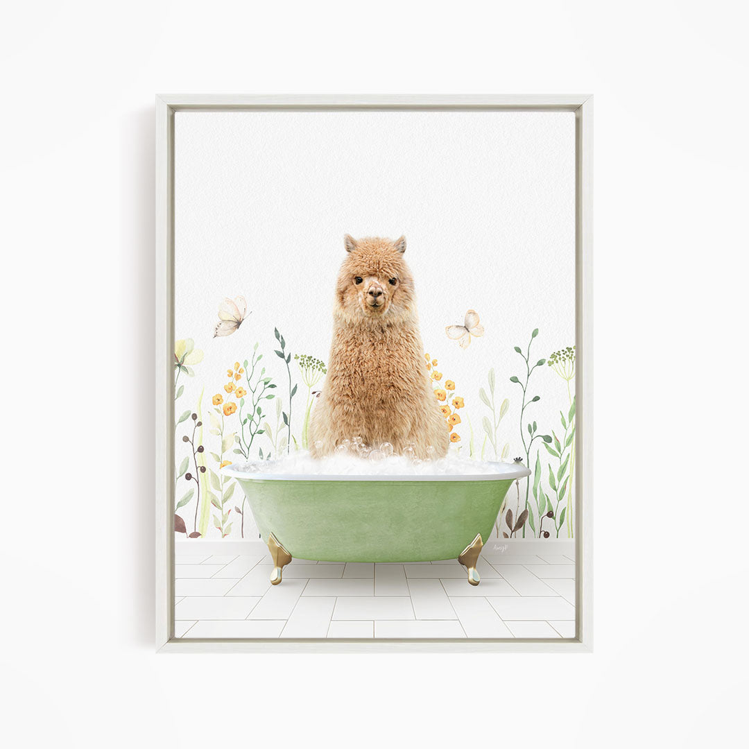 A fluffy brown dog sitting in a green bathtub filled with bubbles, surrounded by flowers and butterflies.