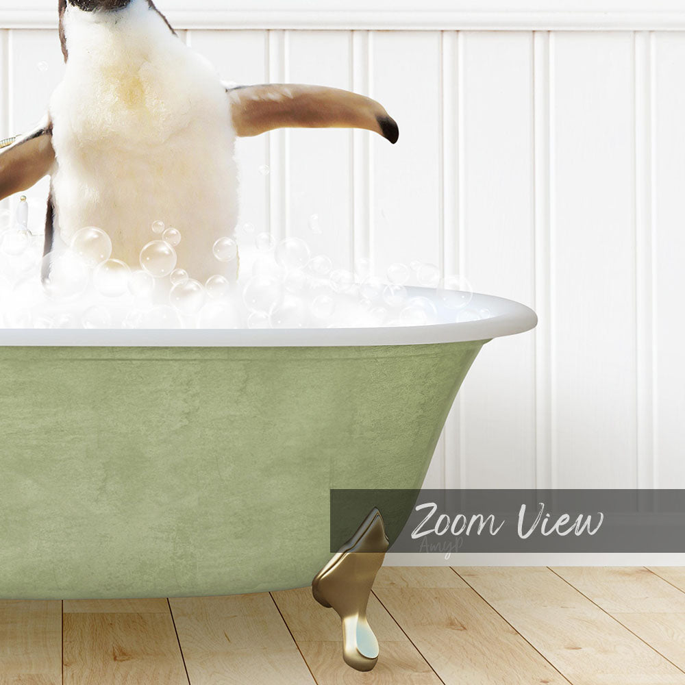 A penguin standing in a green bathtub filled with bubbles, with the text "Zoom View" displayed below the image.