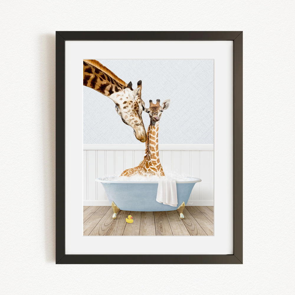 A mother giraffe and her baby giraffe are enjoying a relaxing bath together in a blue tub, surrounded by yellow rubber duckies.