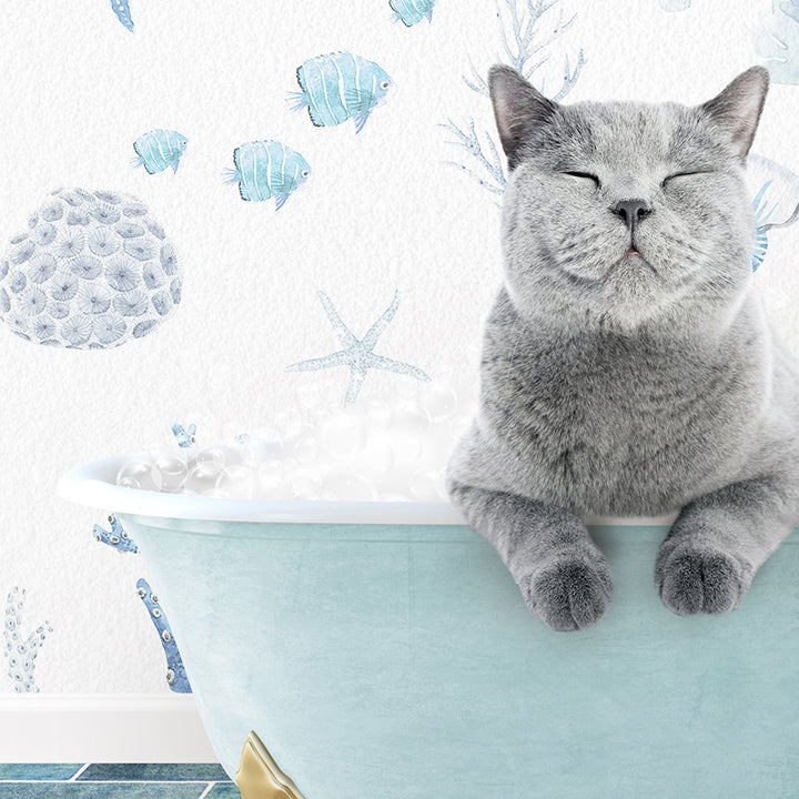 a gray cat sitting in a bathtub with its eyes closed