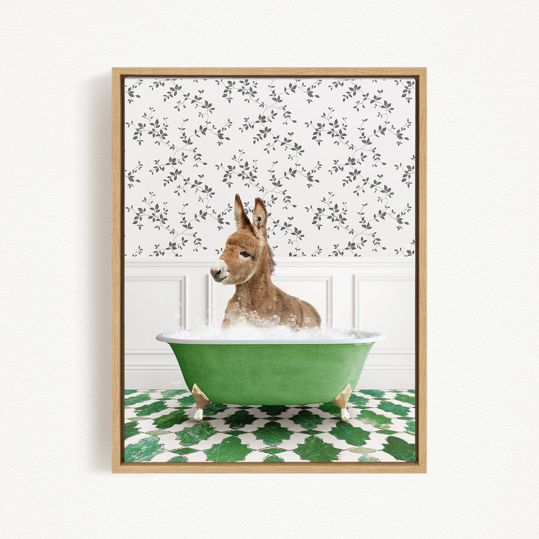 A donkey is sitting in a green bathtub filled with bubbles, surrounded by a patterned wall and a green and white checkered floor.