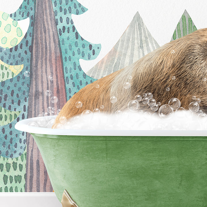 a dog taking a bath in a green bowl