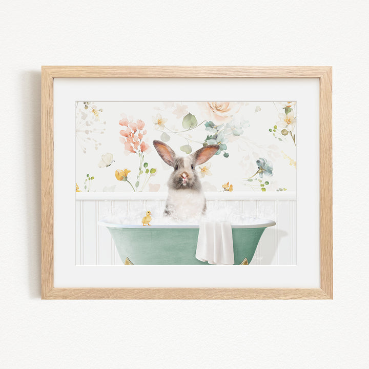 A cute rabbit sitting in a green bathtub filled with water, surrounded by a floral background.