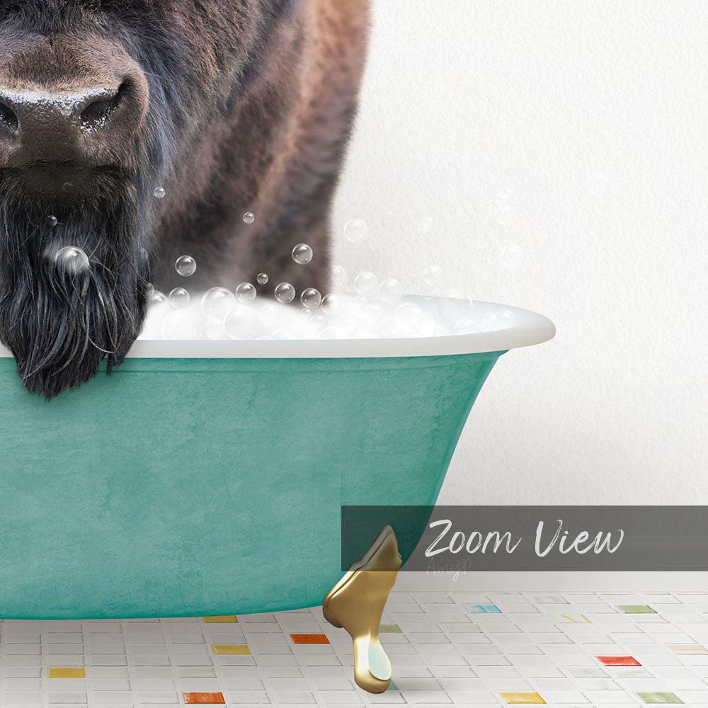A close-up of a dog's face peeking over the edge of a green bathtub filled with bubbles, with a text overlay that reads "Zoom View".