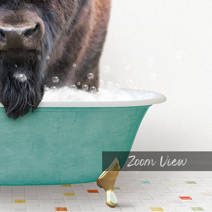 A close-up of a dog's face peeking over the edge of a green bathtub filled with bubbles, with a text overlay that reads "Zoom View".