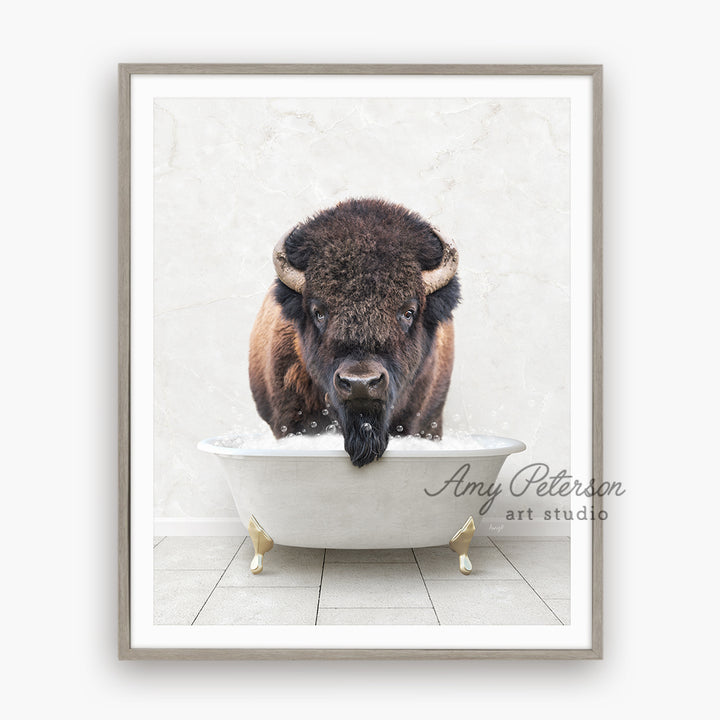 a bison is taking a bath in a bathtub