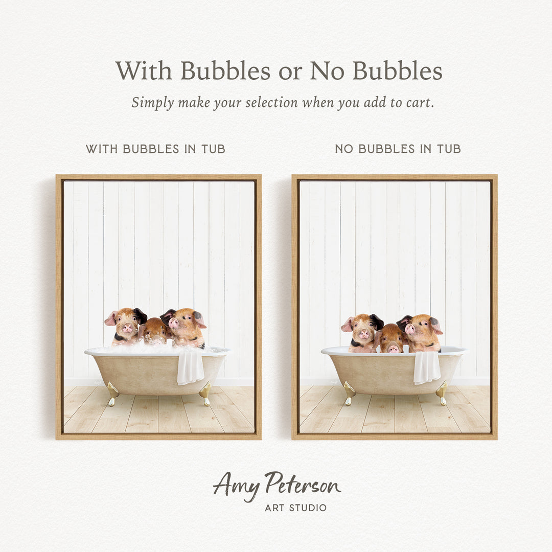 The image is a collage of two pictures, each featuring a group of small animals, likely rodents, sitting in a bathtub. The animals appear to be hamsters or guinea pigs, and the bathtub is filled with water, creating a playful and whimsical scene. The collage is framed with a wooden border, and the text "With Bubbles or No Bubbles" is displayed above the images.