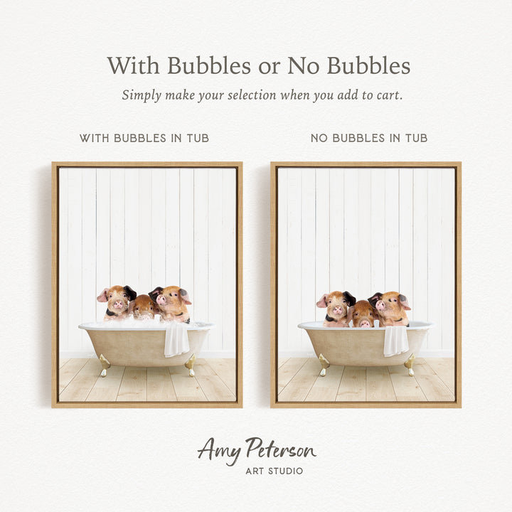 The image is a collage of two pictures, each featuring a group of small animals, likely rodents, sitting in a bathtub. The animals appear to be hamsters or guinea pigs, and the bathtub is filled with water, creating a playful and whimsical scene. The collage is framed with a wooden border, and the text "With Bubbles or No Bubbles" is displayed above the images.