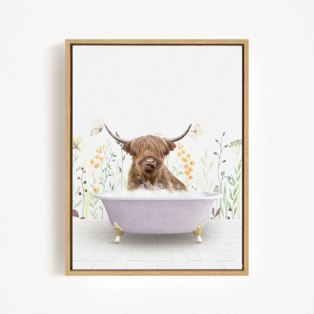 A brown cow with horns is sitting in a purple bathtub filled with bubbles, surrounded by flowers and plants.