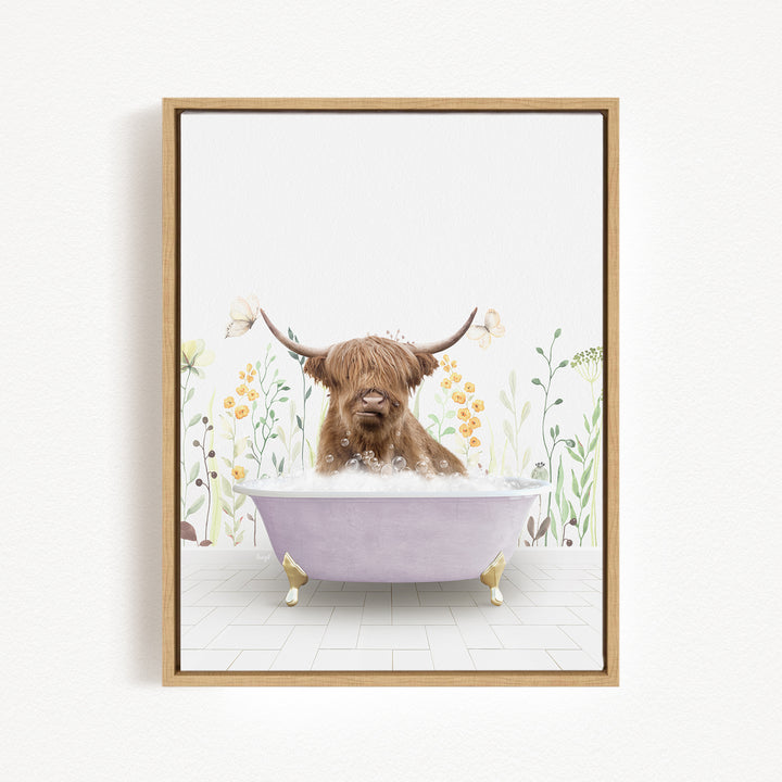 A brown cow with horns is sitting in a purple bathtub filled with bubbles, surrounded by flowers and plants.