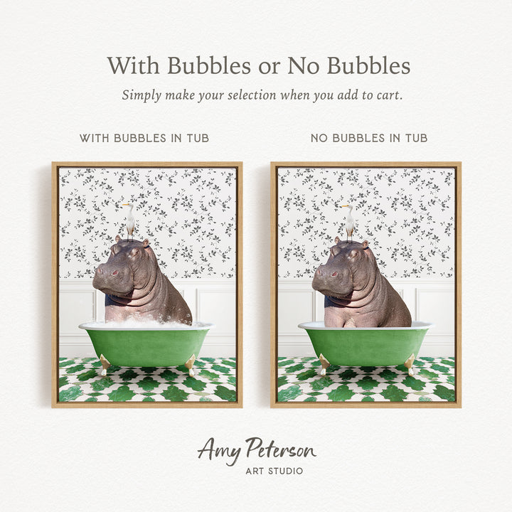 The image is a collage of two images featuring a hippopotamus sitting in a green tub. The text above the images reads "With Bubbles or No Bubbles" and below the images, it says "Simply make your selection when you add to cart."