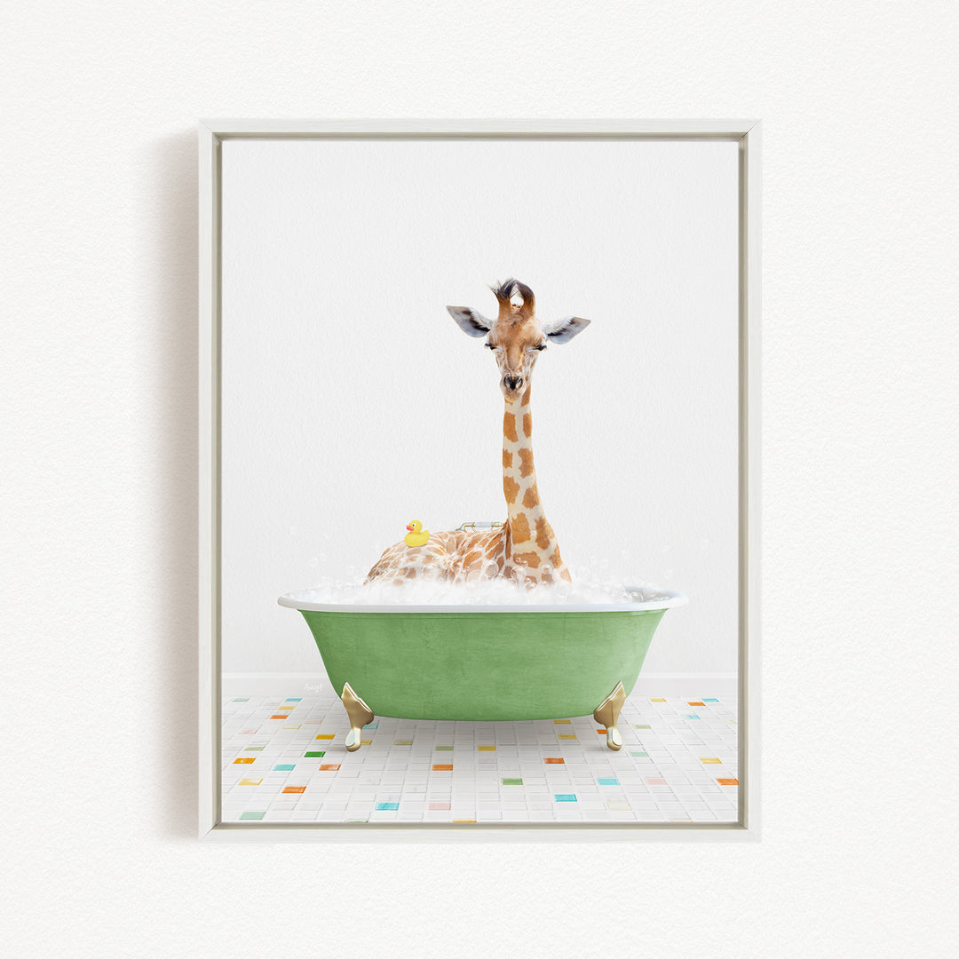 A giraffe is sitting in a green bathtub filled with bubbles, surrounded by a colorful tiled floor.