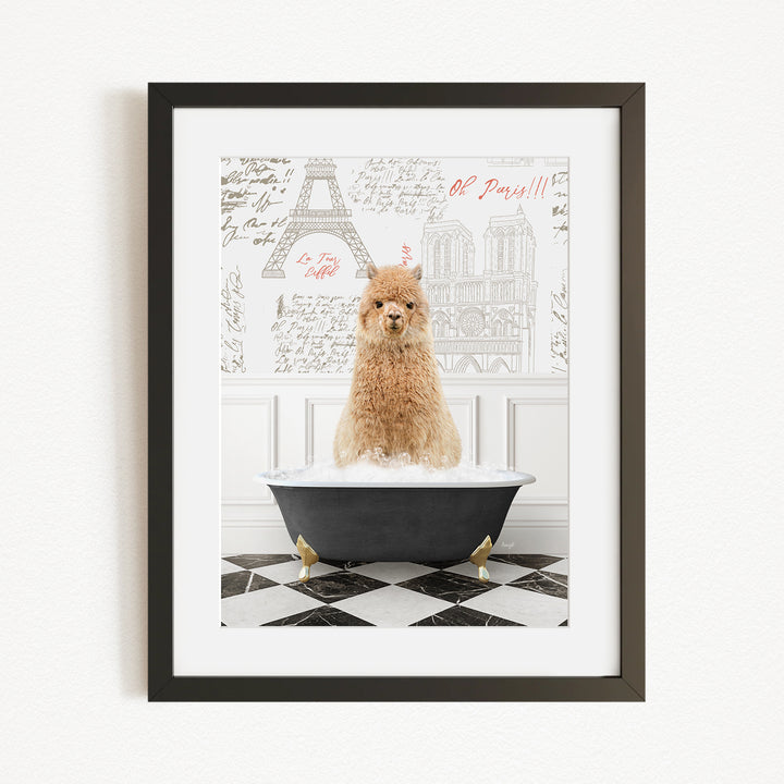A fluffy brown dog sitting in a black bathtub filled with water, with a Paris-themed background featuring the Eiffel Tower and other landmarks.