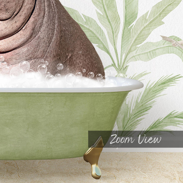 A bathtub filled with bubbles, with a large brown animal, possibly a hippopotamus, sitting inside it. The bathtub is placed against a wall with a tropical plant design.