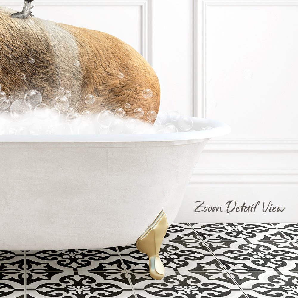 A dog is sitting in a bathtub filled with bubbles, enjoying a relaxing bath.