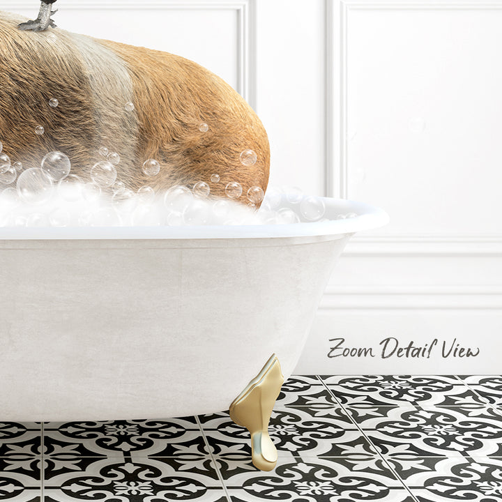 A dog is sitting in a bathtub filled with bubbles, enjoying a relaxing bath.