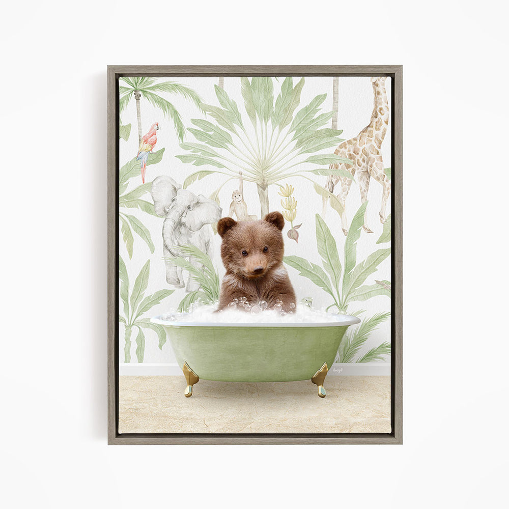 A brown bear sitting in a green bathtub filled with water, surrounded by tropical plants and animals, such as a giraffe and a parrot.