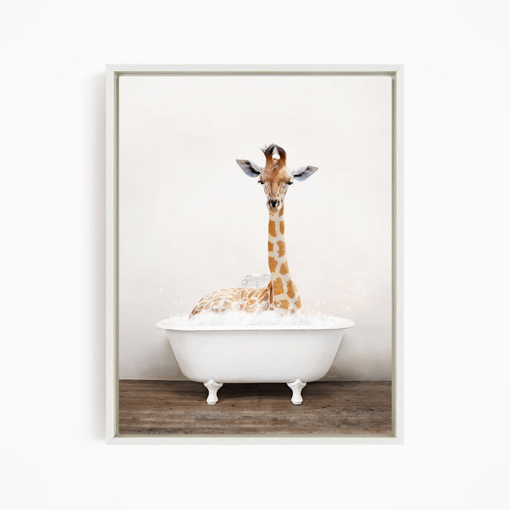 A giraffe sitting in a white bathtub filled with bubbles, creating a whimsical and playful scene.