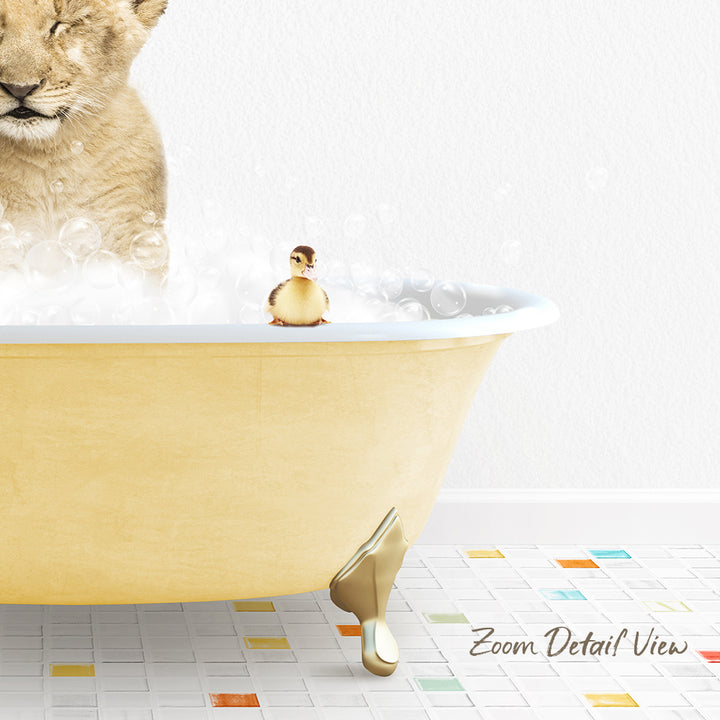 A golden bathtub filled with bubbles, with a small yellow duck sitting on the edge and a lion resting its head on the tub.