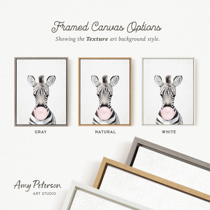 three framed canvas options for a zebra image, each with a different background color: gray, natural, and white.