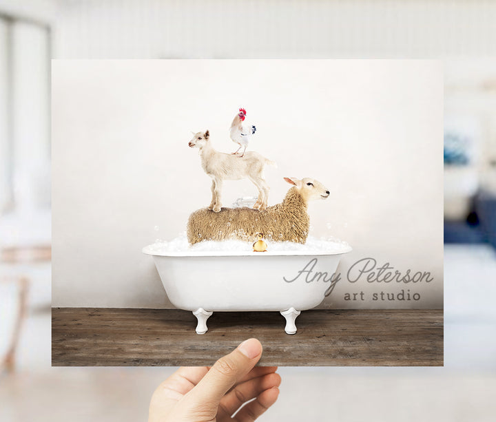 a person holding up a card with a picture of a sheep and a chicken on