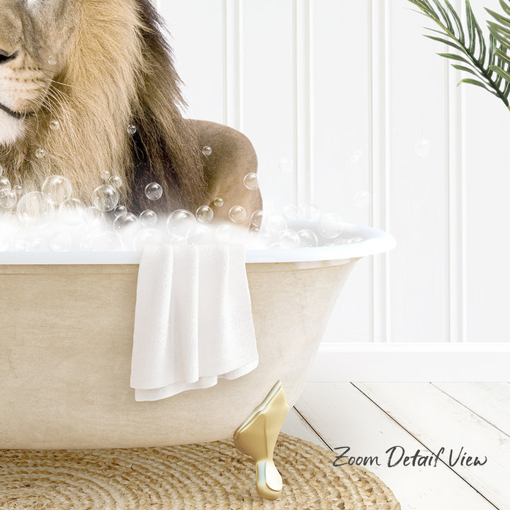 A lion is sitting in a bathtub filled with bubbles, enjoying a relaxing bath.