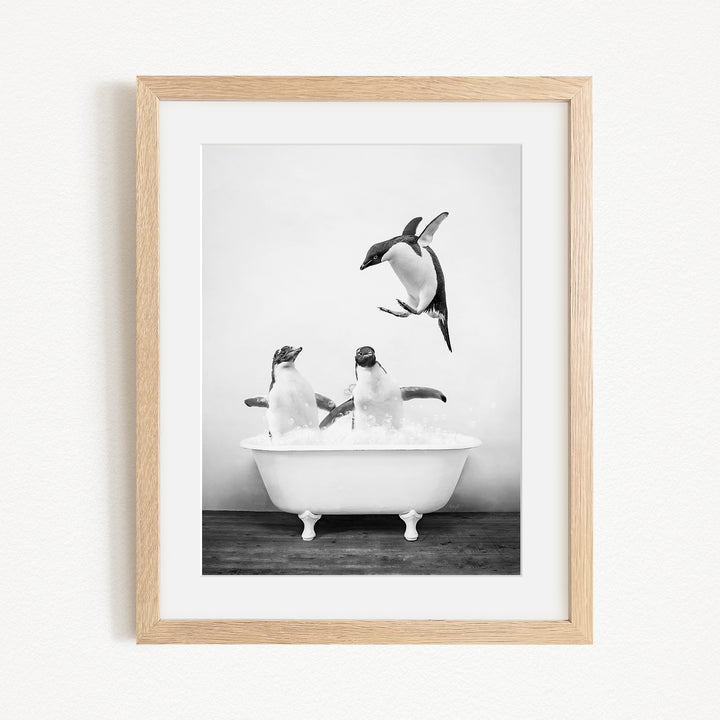 A black and white photograph of two penguins sitting in a bathtub, with one penguin flying towards the other.