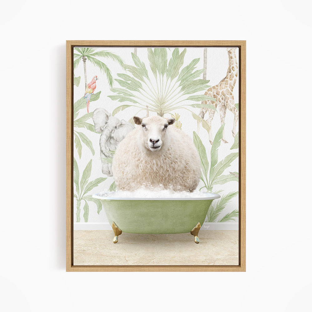 A sheep is sitting in a green bathtub, surrounded by a tropical wallpaper with various animals such as a giraffe and a parrot.