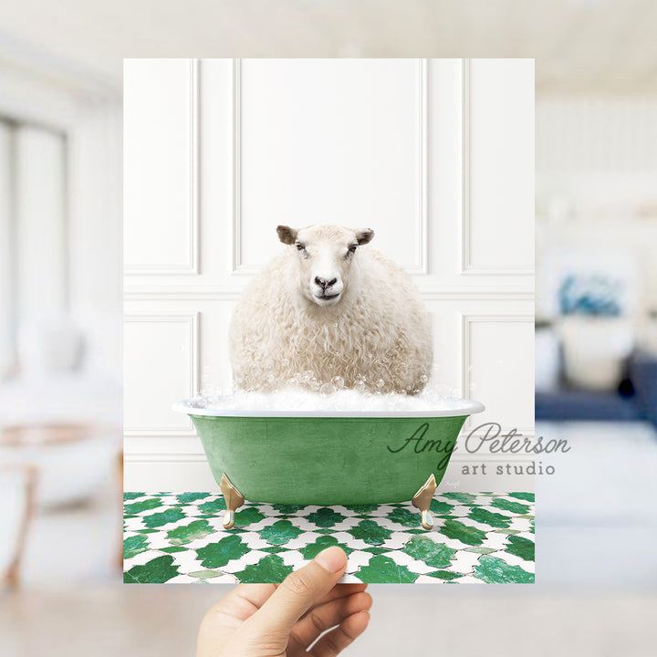 a sheep sitting in a green bath tub