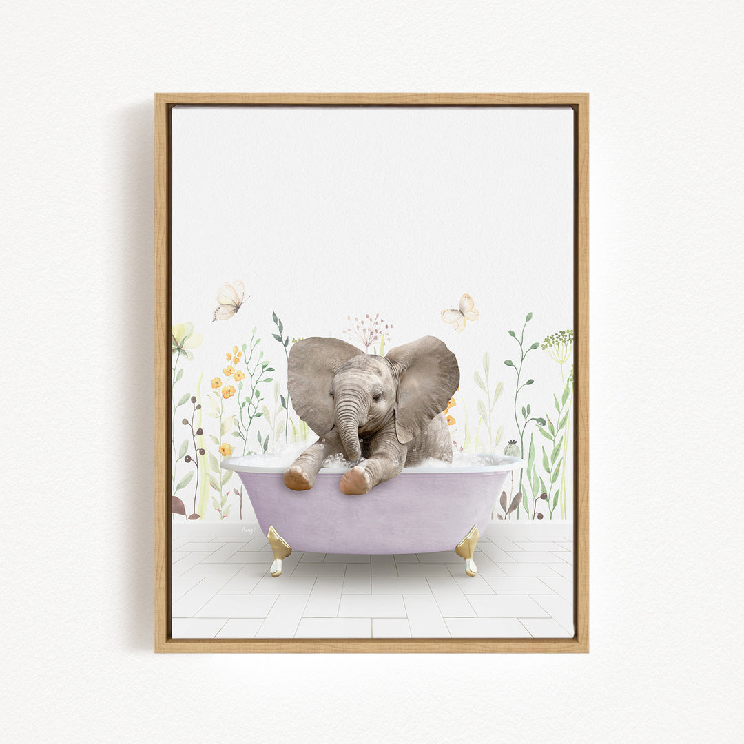 A baby elephant sitting in a bathtub filled with water, surrounded by flowers and butterflies.