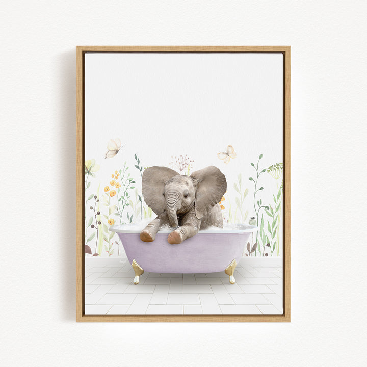 A baby elephant sitting in a bathtub filled with water, surrounded by flowers and butterflies.