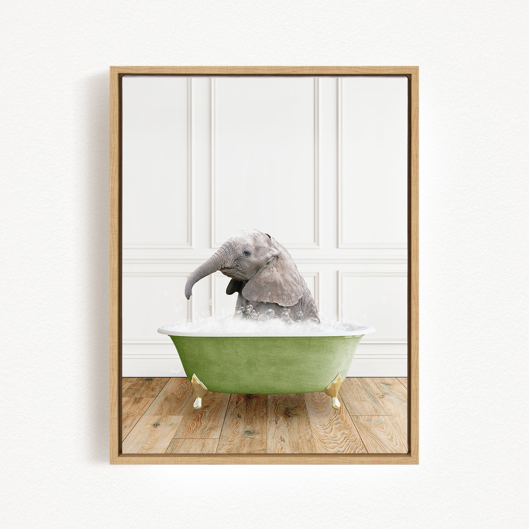 A baby elephant sitting in a green bathtub filled with water, creating a whimsical and playful scene.