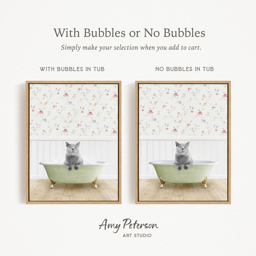 The image is a collage of two pictures, each featuring a cat sitting in a bathtub. The cat appears to be enjoying a relaxing bath, with bubbles floating around it. The text above the images reads "With Bubbles or No Bubbles" and below the images, it says "Simply make your selection when you add to cart."